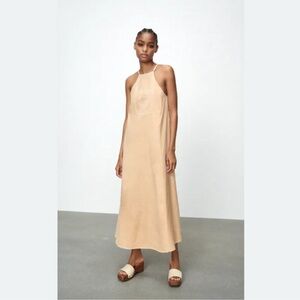 ZARA Beige Halter Linen Midi Dress - Medium